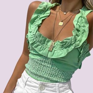 HOUSE OF SUNNY Scrunchie Smocked Linen Crop Top Size 6 Green Beachy Boho RARE